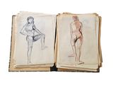 an old book with a drawing of a woman and a drawing of a man