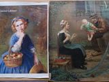 two pictures of a woman with a basket of apples