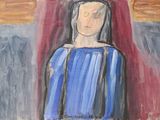 une peinture à l'huile représentant une femme en robe bleue debout devant un rideau rouge