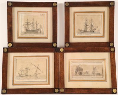 three framed drawings of ships on display in a wooden frame