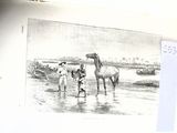 un dessin représentant un homme et deux enfants debout dans l'eau avec un cheval