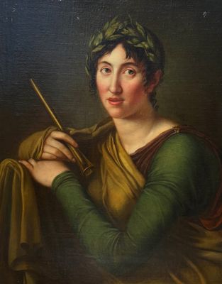 an oil painting of a woman holding a stick in her hand