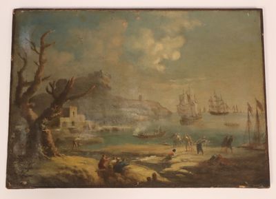 une image représentant une peinture d'une scène portuaire avec des bateaux sur l'eau