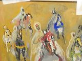 painting of a group of people riding horses on a yellow background