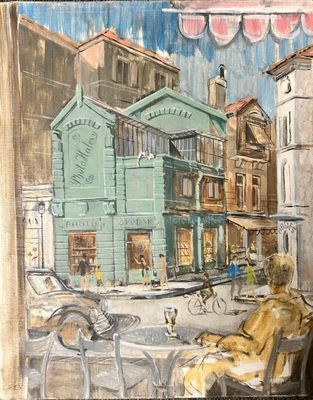 un tableau représentant un homme assis sur un banc devant un immeuble
