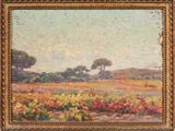 an image of a painting of a field with trees in the background