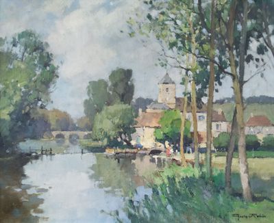 a painting of a river with a bridge in the background