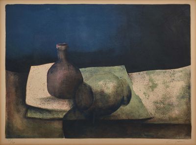 peinture représentant un vase et des poires posés sur un coussin posé sur une table
