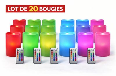 candles and remotes are lined up in a row on a white background