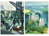 deux tableaux représentant une vue de ville et un pont