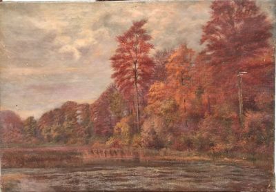 painting of a landscape with trees and a lake in the foreground