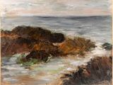 an oil painting of a rocky beach with a body of water in the background