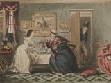 a drawing of a woman and a man in a living room