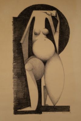 pencil drawing of a pregnant woman in a black and white dress