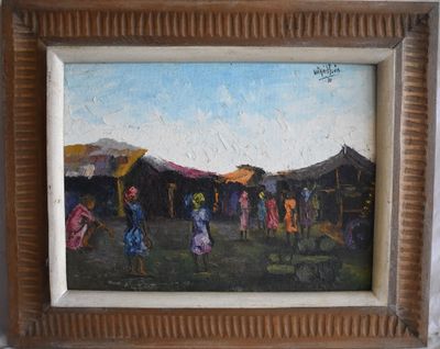 a painting of a group of people holding umbrellas