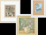 three framed paintings of flowers in a vase on a table
