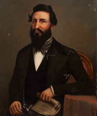 un tableau représentant un homme barbu assis sur une chaise