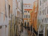 a picture of a painting of a canal in the middle of a city