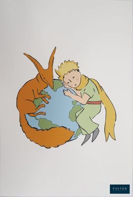 un dessin représentant un garçon et un chat sur un globe terrestre
