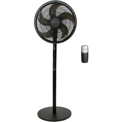 une image représentant un ventilateur noir posé sur un support métallique