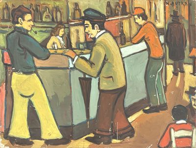 a painting of two men at a bar talking to each other