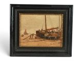 tableau à l'huile encadré représentant un bateau sur la plage, près d'un quai