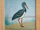 un tableau représentant un oiseau posé sur la plage