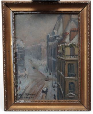 an oil painting of a snowy street scene in a gold frame