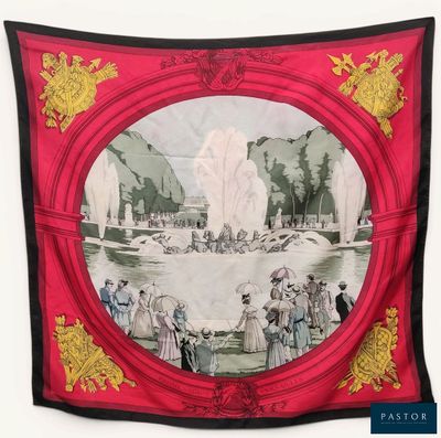 a picture of a picture of a tapestry with a picture of a fountain