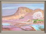 a painting of a desert scene with a mountain in the background