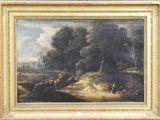an oil painting of a landscape with figures in the foreground