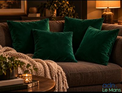 pillows on a couch in a living room next to a coffee table
