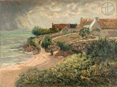 an image of a painting of a beach with houses on the shore