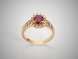 a gold ring with a ruby stone surrounded by diamonds