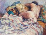 une peinture représentant une femme nue allongée sur un lit