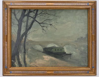 une peinture à l'huile représentant un train qui arrive sur les rails près d'un arbre