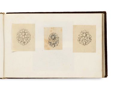 un livre ouvert, orné de dessins de fleurs, posé sur une surface blanche