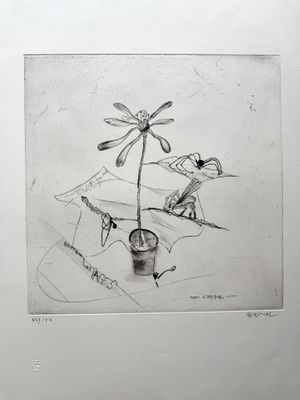 dessin représentant une fleur dans un pot posé sur une table dans une pièce