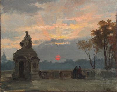 une image représentant un tableau représentant un coucher de soleil avec une statue au premier plan