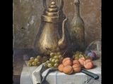 tableau représentant une nature morte composée de fruits et d'une théière posés sur une table