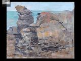 une peinture à l'huile représentant une formation rocheuse sur une plage, avec l'océan en arrière-plan