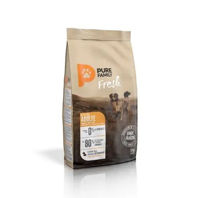 a bag of dog food sitting on top of a white surface