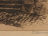a black and white drawing of a man sitting on a bench