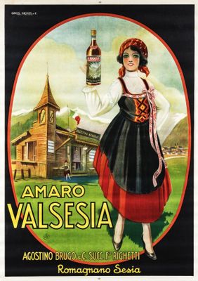 an old poster advertising a bottle of wine in front of a church