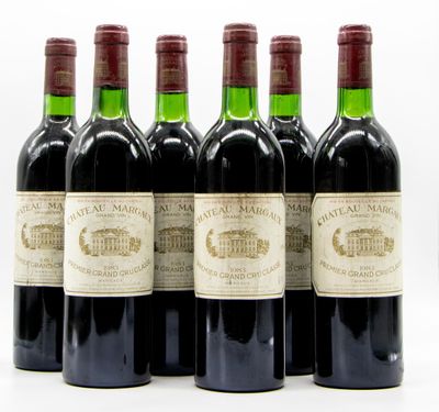 six bouteilles de vin sont alignées sur une surface blanche