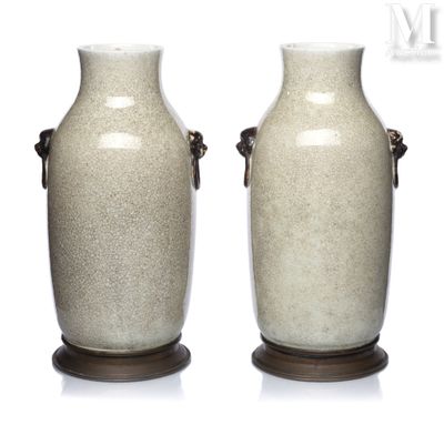 paire de vases munis d'anses, posés sur des socles en bois, sur fond blanc