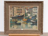 a painting of boats in a harbor with buildings in the background