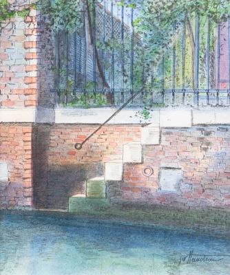 a watercolor painting of a boat going under a bridge