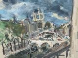 painting of a painting of a bridge over a river with a building in the background