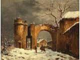 painting of two people riding horses in a snowy landscape